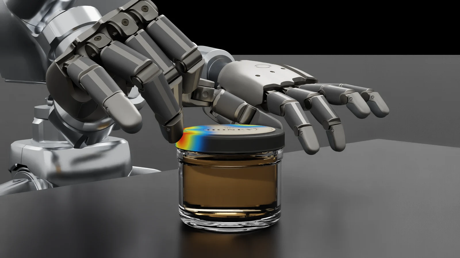 Robot hands grasping a jar with a grasp affordance heat map