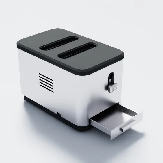 Toaster with a lever, control dial, button and sliding crumb tray